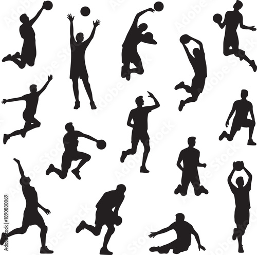 Collection of men playing basketball in various poses and movements