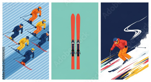 National Ski & Snowboard Day the exhilarating spirit of winter skiing, showcasing diverse scenes from group slopes, detailed equipment, to a solo downhill adventure