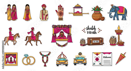 A comprehensive collection of colorful illustrations depicting traditional Indian wedding rituals, symbols, and cultural elements.
