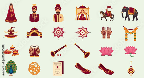 A vibrant collection of traditional Indian wedding icons and cultural symbols, including bride, groom, elephant, peacock, instruments, and decorative elements.