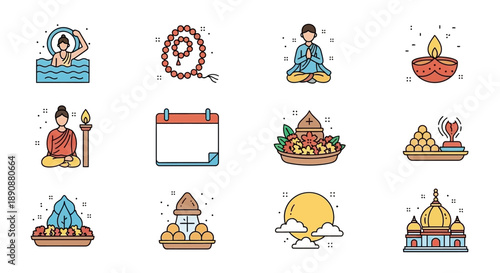 Collection of colorful flat line icons depicting various elements of Indian culture, religion, and traditional festivals.