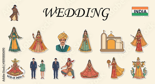 Illustrations of traditional Indian wedding elements, including brides, grooms, dancers, and cultural symbols, set against a light background.