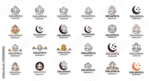 A comprehensive collection of logo designs featuring Ganesha and crescent moon motifs for the brand Dhikapreya Saraswati.