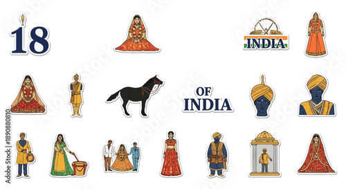 A vibrant collection of illustrations depicting various aspects of Indian culture, including traditional attire, people, a horse, and a spinning wheel, with the number 18.