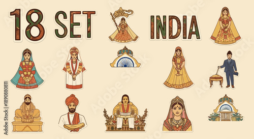 A set of 18 detailed illustrations showcasing various aspects of Indian culture, traditional people, historical figures, and iconic symbols.