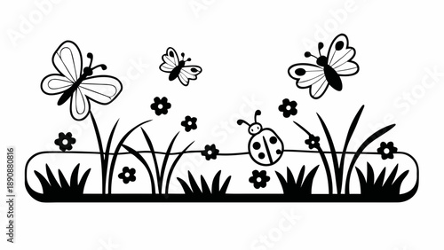 Whimsical garden scene with butterflies and ladybug among flowers