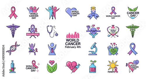 A collection of colorful flat design icons representing World Cancer Day, cancer awareness, medical symbols, and supportive figures, ideal for health campaigns.