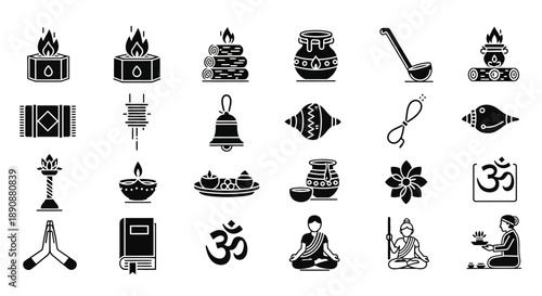 A comprehensive collection of Hindu religious and cultural icons in black and white, depicting various spiritual elements and ritual objects.