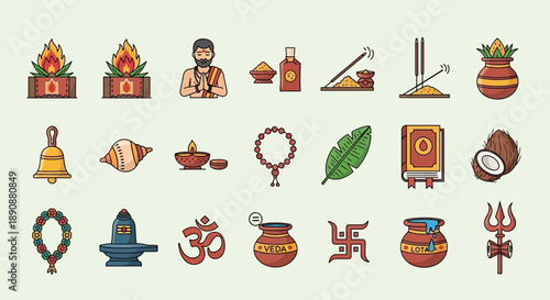 A comprehensive collection of Hindu religious symbols, icons, and ritualistic items used in worship and cultural practices, presented as flat design illustrations.