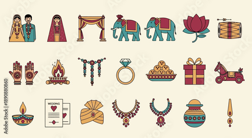 A collection of colorful flat design icons representing various elements, rituals, and symbols of traditional Indian weddings and Hindu cultural celebrations.
