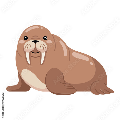Cartoon walrus vector mascot, arctic marine mammal clipart for aquarium theme, ocean education, kids birthday invitation, winter wildlife design
