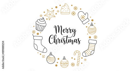 Merry christmas typography inside a circular wreath of hand drawn holiday icons like stars, cupcakes, and stockings in gold and black.