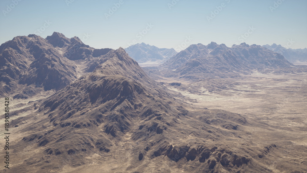 Obraz premium Expansive rocky mountains under clear sky, layered ridgelines and jagged peaks stretching into distance, dramatic light and shadow, textured slopes revealing