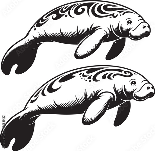 manatees with tribal patterns on their bodies swimming side by side