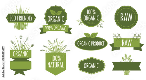 Set of green organic and natural product labels with leaves, grass, and banners for eco friendly packaging and branding design.