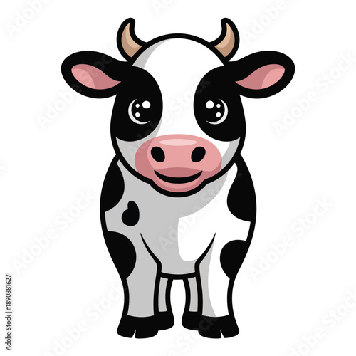 Standing calf cartoon mascot, dairy agriculture icon, farm festival poster, milk day celebration, children birthday design, cute animal vector illustration