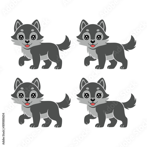 Gray wolf puppies cartoon set, wildlife education day, forest camp event, kids birthday theme, adventure mascot, cute animal vector illustration