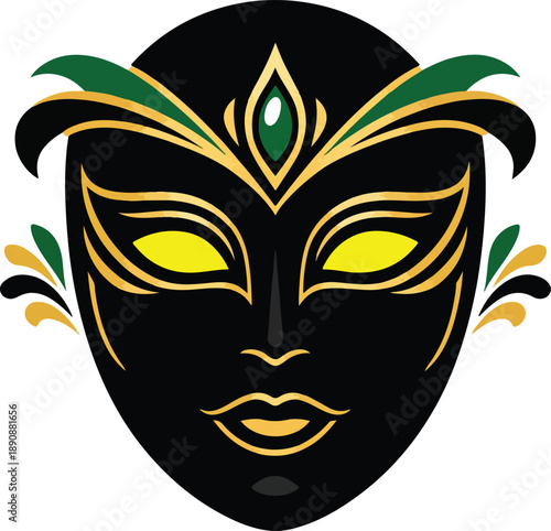 vector illustration of a full-face Mardi Gras mask, bold black shape with clean gold lines and green accents, modern luxury festive design