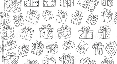 Seamless pattern featuring a variety of hand drawn gift boxes with ribbons and bows in black and white line art for coloring or wrapping.