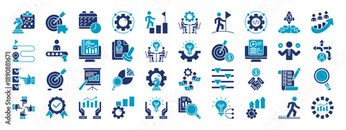 action plan icon set collection in glyph duotone style. icon set consist of strategic planning, workflow management, schedule, process, goal, discussion, success, optimization icon