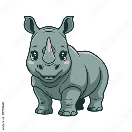 Baby rhino cute cartoon, safari animal nursery art, endangered species awareness, zoo day sticker, kids birthday theme, vector illustration