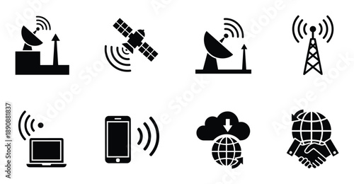 Telecommunication antenna dish icons showing global network connection and wireless communication technology