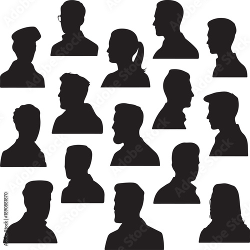 set of black silhouette profiles of people