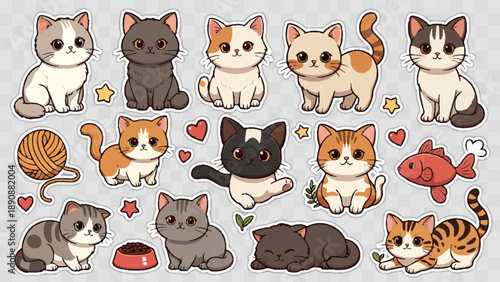 Charming Set of Hand-Drawn Kawaii Kittens and Cute Felines in Various Playful Actions and Colors, Perfect for Whimsical Illustrations and Pet-Themed Projects