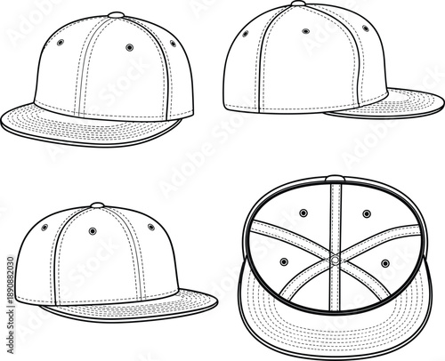 Four technical baseball cap views, black-and-white sketch showing stitching, structure, and angles for fashion design, apparel template, visualization