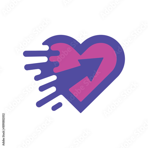 Fast motion heart with arrow, running club valentines 5k logo, charity love run bib, route map session header graphic