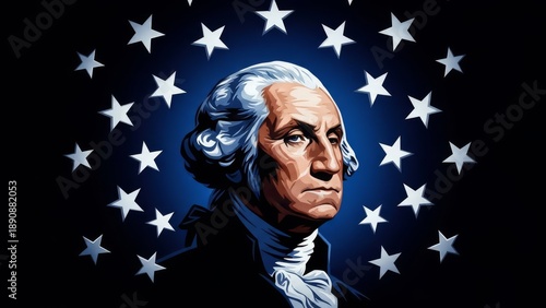 George Washington in powdered wig and colonial attire, depicted with a stern gaze against a backdrop of orbiting white stars on a dark blue gradient.