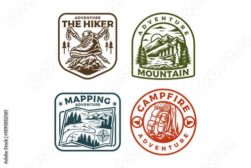 hiking boot, mountain landscape, navigation map, camping backpack, outdoor exploration retro badge illustration logo design set for adventure and outdoor sport
