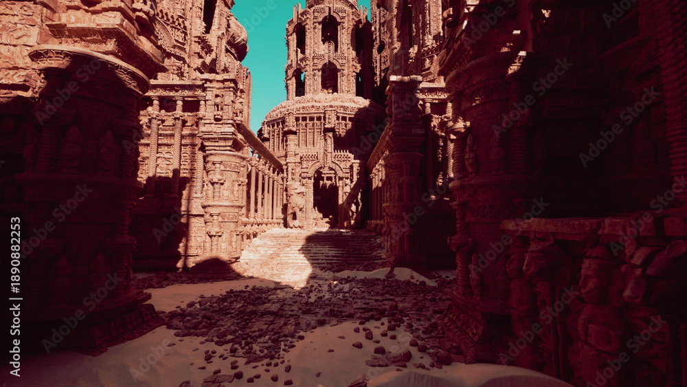 Naklejka premium sunlit ruined sandstone tower and alley, towering facades with carved details, scattered rubble and cobbled ground, vibrant turquoise sky and high contrast