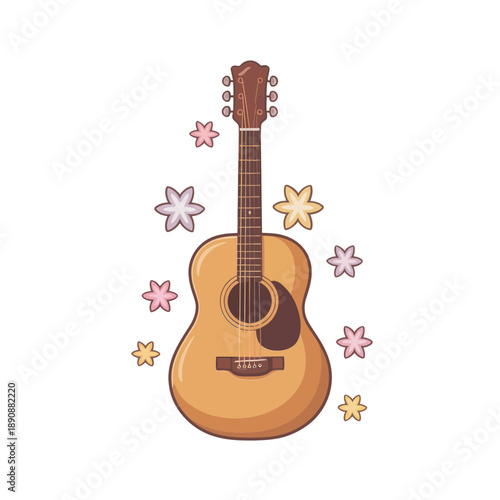 Folk concert guitar vector, acoustic instrument with stars, campfire music night poster, festival stage schedule, serenade session invitation graphic