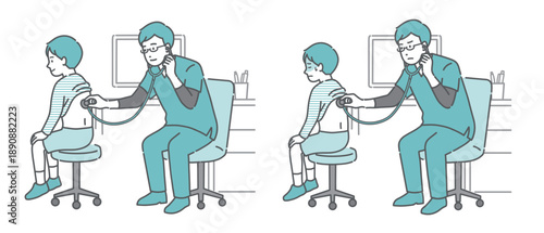 スクラブを着用した男性医師による男の子の背中の聴診イラストセット（正常・異常/体調不良）