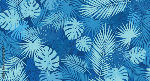 Seamless tropical pattern with various palm and monstera leaves in shades of blue for a refreshing summer botanical design.