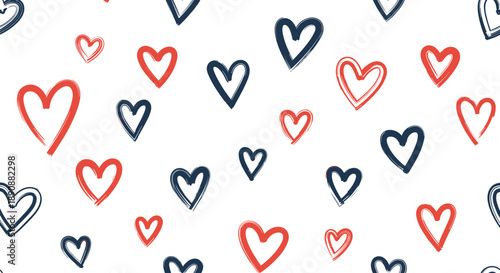 Seamless pattern with hand drawn hearts in red and navy blue on a white background for valentines day or romantic themes.