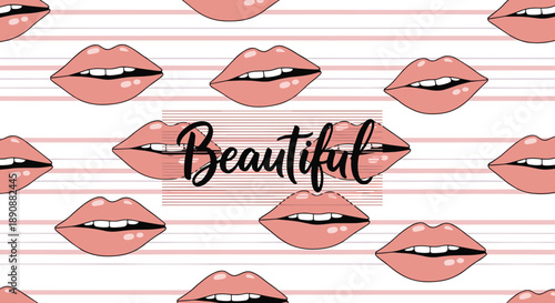 Seamless pattern of female lips with pink lipstick and white stripes with a central beautiful typography element.