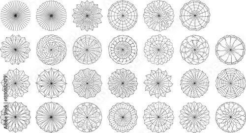 Grid of twenty-five circular geometric patterns, black-and-white mandala-style sketch for design, symmetry, texture, abstract, artistic inspiration