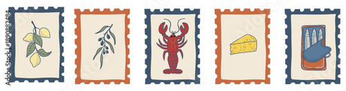 A decorative set of postal stamp illustrations with Italian food icons: seafood, antipasto, cheese, wine, lemons and seaside culinary details.