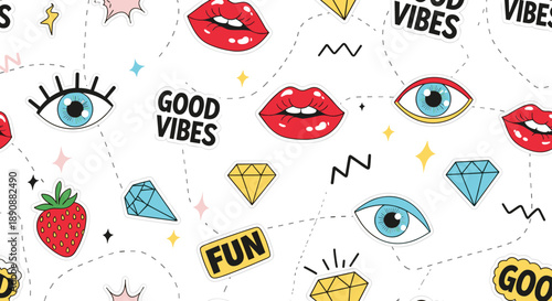 Fun seamless pattern with trendy sticker style illustrations like lips, eyes, diamonds, and strawberries on a white background.