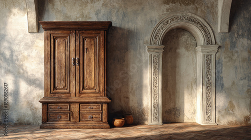 A vintage wooden wardrobe standing next to an arched doorway. The room's rustic charm is palpable, with light and shadow dancing across the walls.