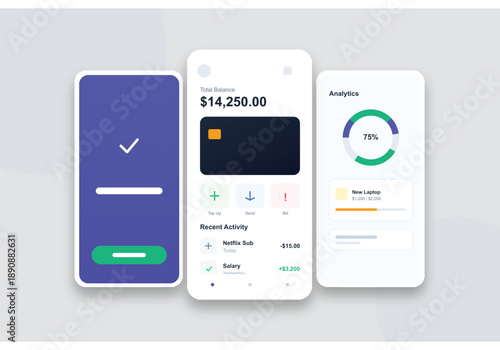 "A clean, modern fintech mobile app interface design featuring a vibrant purple and teal color palette. The visual mood is professional, secure, and optimistic, emphasizing clarity and ease of use for