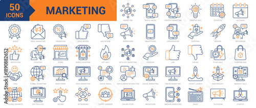 Marketing colored line icon collection set. Containing social media, influencer, content marketing, strategy, reputation, email marketing, promotion, good review, bad review, advertising icons
