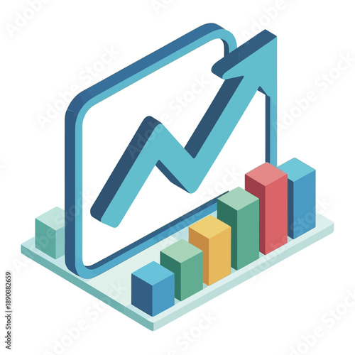 Business growth summit, isometric analytics dashboard screen, rising arrow chart, bar graphs, sales performance session, revenue forecast, trend report vector