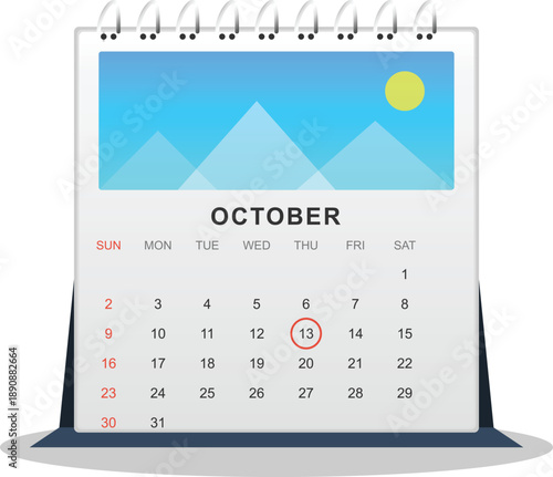 "A crisp and professional flat vector illustration of a desk calendar for the month of October. The design features a serene geometric mountain landscape in shades of blue with a yellow sun at the top