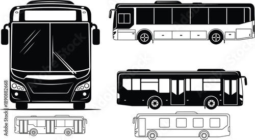 Set of six bus illustrations in front and side views, black-and-white sketch for transportation design, vehicle layout, icon reference