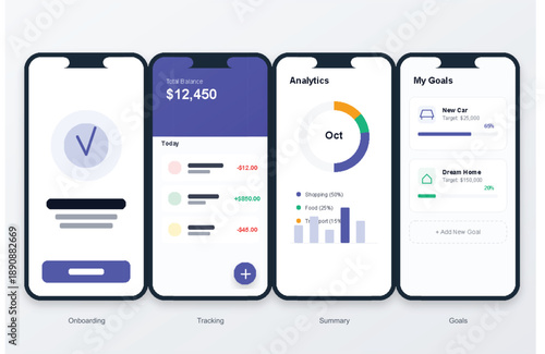 "A sleek, clean, and highly organized four-screen mobile user interface design for a personal finance application. The visual mood is professional and empowering, utilizing a palette of vibrant indigo