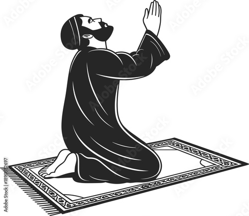 Muslim man kneeling on prayer rug, religious Islamic worship illustration, isolated black and white vector