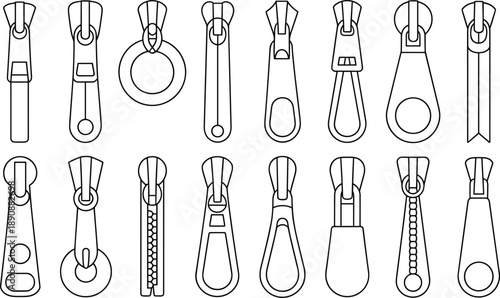 Set of sixteen black outline zipper pull designs, ideal for fashion accessories, apparel hardware, textile product development, manufacturing reference